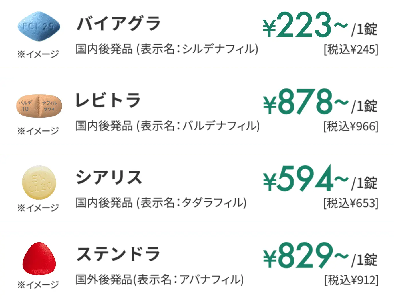 バイアグラ ¥223~/1錠 レビトラ ¥878~/1錠 シアリス ¥594~/1錠 ステンドラ ¥829~/1錠
