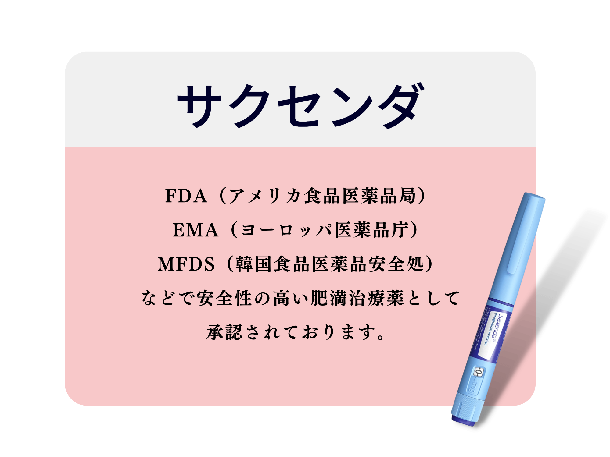 FDA（アメリカ食品医薬品局）
EMA（ヨーロッパ医薬品庁）
MFDS（韓国食品医薬品安全処）
などで安全性の高い肥満治療薬として
承認されております。